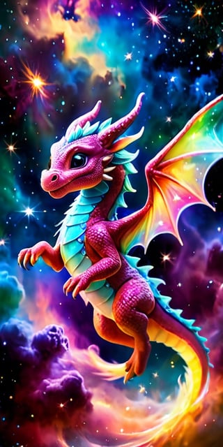 Playful Dragon in a Nebula A playful baby dragon with wings like butterfly wings made of stardust flies through a vibrant nebula. Its body glows with an ethereal light as it weaves through the colorful gas clouds and twinkling stars.