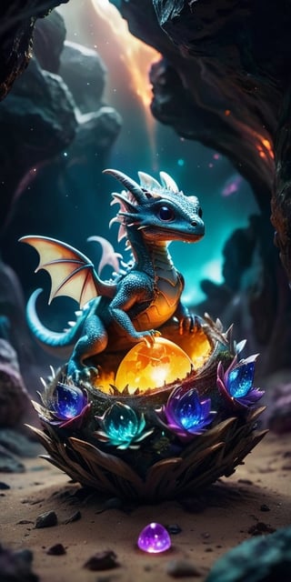 Hatchling in an Alien Nest On a barren moon's surface, a baby dragon emerges from an egg nestled in an alien nest made of glowing crystals and extraterrestrial flora. The dragon's scales reflect the light of the nearby gas giant, creating a mesmerizing display.