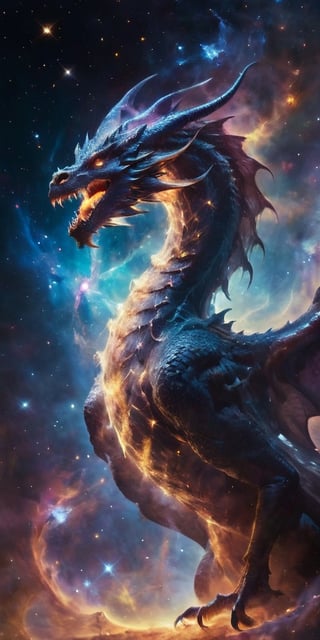 A cosmic dragon, its body a swirling vortex of stars and galaxies, with nebulae glowing softly within its translucent wings. It roars silently into the void, a beacon of majestic power and otherworldly beauty in the infinite expanse of space.
