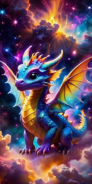 Playful Dragon in a Nebula A playful baby dragon with wings like butterfly wings made of stardust flies through a vibrant nebula. Its body glows with an ethereal light as it weaves through the colorful gas clouds and twinkling stars.