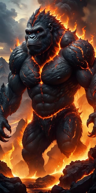 Infernal Behemoth A hulking creature with the body of a gorilla and the head of a dragon, with flames flickering from its nostrils and mouth. Its skin is charred and cracked, revealing molten lava beneath. Its massive hands end in claws that can crush rock. The scene is set in a volcanic landscape, with rivers of lava and erupting geysers.
