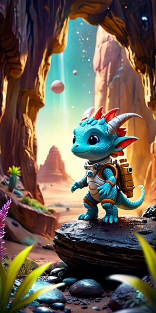 Space Adventure A baby dragon wearing a tiny spacesuit explores the surface of a mysterious planet. Behind it, a spaceship hovers, ready to take off. The dragon's curiosity is evident as it examines strange, glowing rocks and alien plants.