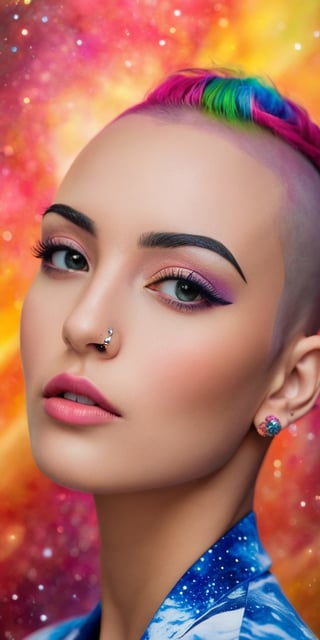 A close-up portrait of a woman with a shaved head and a confident gaze. She has a variety of piercings adorning her ears and eyebrow. The background is a swirling galaxy filled with vibrant colors.
 
