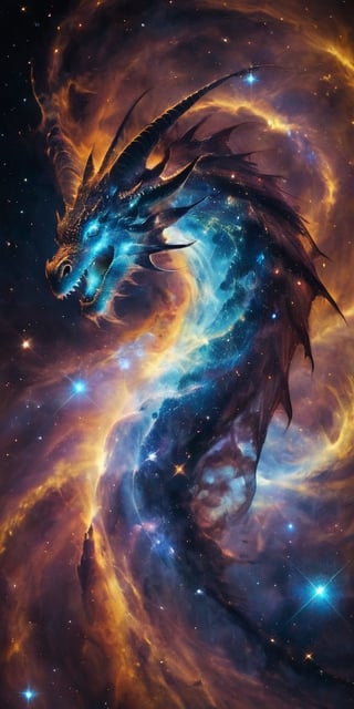 A cosmic dragon, its body a swirling vortex of stars and galaxies, with nebulae glowing softly within its translucent wings. It roars silently into the void, a beacon of majestic power and otherworldly beauty in the infinite expanse of space.
