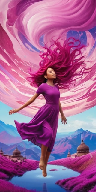 A South Asian girl with kaleidoscope eyes and flowing magenta hair, levitating amidst a dreamscape of floating clocks and melting landscapes.