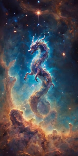 A celestial dragon, its body a tapestry of cosmic colors, adorned with glowing constellations that seem to dance across its scales. It coils around a glowing comet, its serpentine form framed by the vastness of space, with distant galaxies and nebulae painting a breathtaking backdrop.
