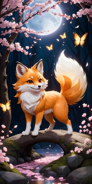 A cunning kitsune spirit with fur like spun moonlight playfully swats at a butterfly, its mischievous glint accentuated by the soft glow emanating from its fur. Cherry blossom petals swirl around it, creating a dreamlike atmosphere.
