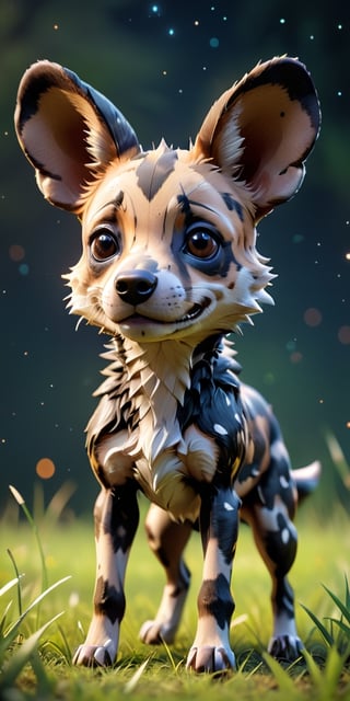 close up angle of, cut bod y, ((),(3d African Wild Dog)) surrounded by grassland,( )  ,animal, detailed focus, deep bokeh, beautiful, , dark cosmic background. Visually delightful , 3D,more detail XL,chibi