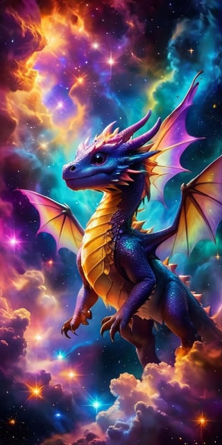 Playful Dragon in a Nebula A playful baby dragon with wings like butterfly wings made of stardust flies through a vibrant nebula. Its body glows with an ethereal light as it weaves through the colorful gas clouds and twinkling stars.