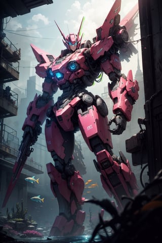 best quality,masterpiece,realistic,sky,night,1girl, pink mecha_robot,relic scenes,underwater,cyberpunk,(neon lights:0.7),rim lighting,school of fish,transformers style