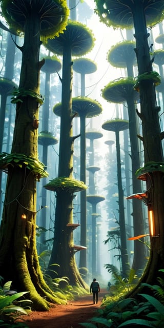 The Nanotech Forest A forest where every tree is a towering structure of nanotechnology, constantly growing and adapting to its surroundings. Nanobots swarm through the air, repairing and maintaining the forest, while larger nanotech creatures move through the underbrush, their forms shifting and changing as they hunt for energy sources.
