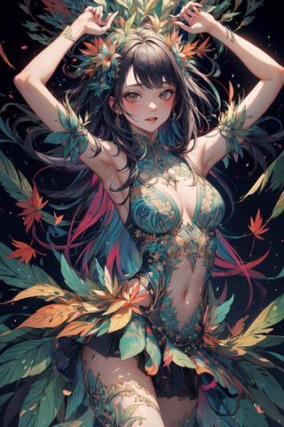 (masterpiece, best quality), Seamlessly blends the girl's vibrant personality with the natural beauty of leaves. As she dances through a (kaleidoscope of colors and patterns), the leaves respond, mirroring her movements with mesmerizing fractal designs, high_res details,