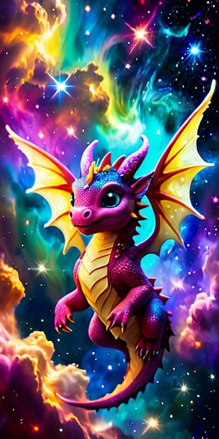 Playful Dragon in a Nebula A playful baby dragon with wings like butterfly wings made of stardust flies through a vibrant nebula. Its body glows with an ethereal light as it weaves through the colorful gas clouds and twinkling stars.