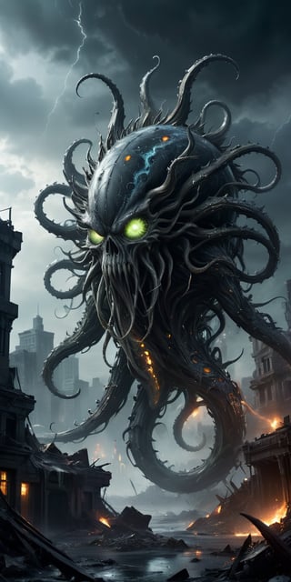 Vortex Spawn A creature with a swirling, tornado-like lower body and a torso covered in sharp, crystalline spikes. Its head is a writhing mass of tentacles, each tipped with a glowing eye. Its skin is a dark, stormy gray. The background features a devastated alien city, with ruins and debris scattered everywhere.
