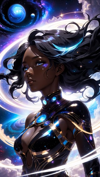 dark celestial skin body, 1girl, dark celestial skin body, void cosmic body, colored skin, (masterpiece, best quality, hires), godlike astral entity, planets orbiting around face, body and face made of stars, translucent, ethereal, in space, intricate detail, 8k, hdr, jet black skin, silhouette, long hair, wind, woman, steam, step, strong light, void cosmic body, vortex, seething, smoke, disappear, (wind:1.2), black room, cloud, galaxy clouds, horizon, wing, reflected light, rip, Descending clouds, (shiny hair:1.3), stella octangula, long scarf, Portals to Other Worlds, neon city, mechanical body, cloud cascade, cross