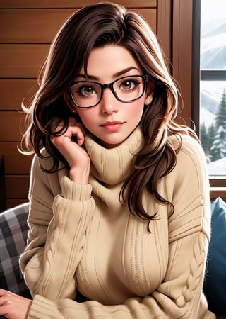 A photo of emb-babs,as a beautiful woman in a thick sweater,wearing stylish glasses,in a ski cabin,(looking at the camera),photoshoot style,seductive expression,8k HD,RAW,dslr,perfect features,flawless skin,skin pores,professional,masterpiece,(photorealistic:1.4),detailed,intricate,high resolution,detailed background,fcDetailPortrait,epiCRealism,OverallDetail.,