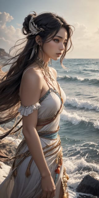 Whispers of the Wind An Indigenous woman with wind-streaked braids, adorned with feathers and beads, stands tall on a windswept cliff overlooking a vast ocean. The wind whispers through her hair, carrying the scent of salt and the secrets of the sea.
 
