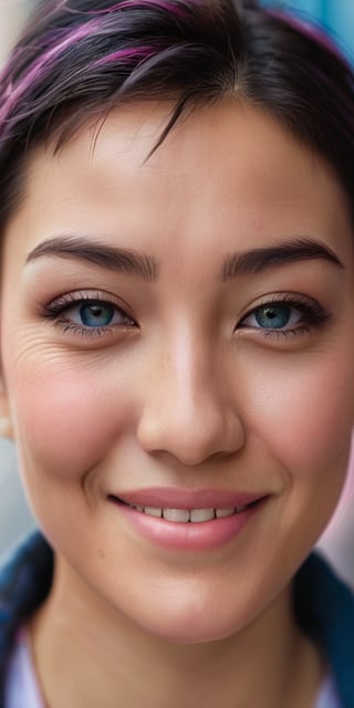 A close-up portrait of a woman with Asian features, her eyes crinkled at the corners from smiling. She has short, dark hair with streaks of pink and blue. The background is a bustling city street scene.
