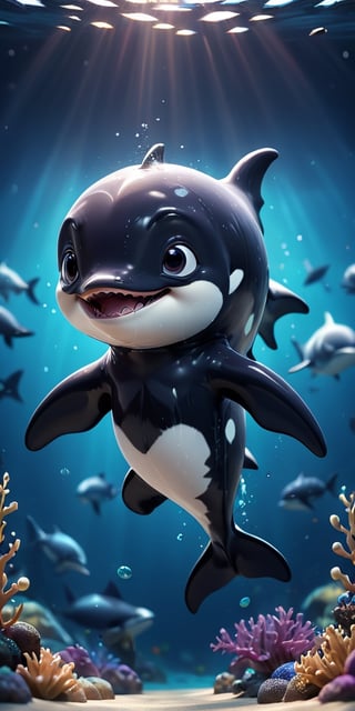 close up angle of, cut body, ((),(3d killer whale )) surrounded by underwater,( )  ,animal, detailed focus, deep bokeh, beautiful, , dark cosmic background. Visually delightful , 3D,more detail XL,chibi