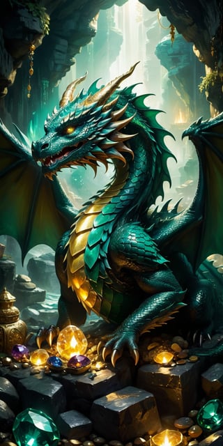 A majestic dragon with emerald-green scales lying protectively over a hoard of treasures in a dimly lit cavern. The gems and gold reflect its fierce beauty, while the shadows and flickering torchlight hint at the peril of approaching such a creature."
