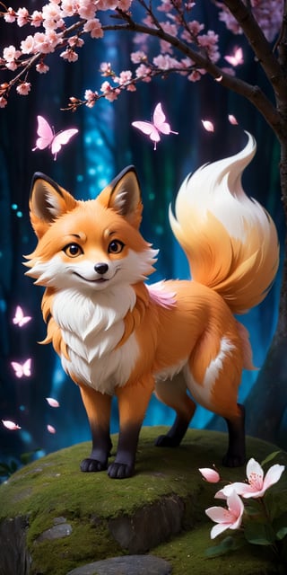 A cunning kitsune spirit with fur like spun moonlight playfully swats at a butterfly, its mischievous glint accentuated by the soft glow emanating from its fur. Cherry blossom petals swirl around it, creating a dreamlike atmosphere.
