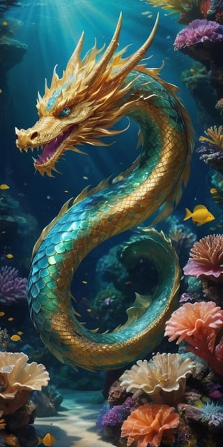 Envision a serpentine dragon, its scales shimmering like opals, gliding gracefully through an underwater coral reef. The crystal-clear water reflects its every movement, showcasing the elegance and wonder of this aquatic creature in its natural habitat.