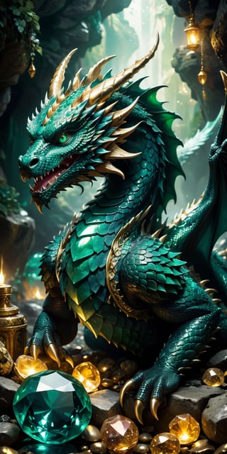 A majestic dragon with emerald-green scales lying protectively over a hoard of treasures in a dimly lit cavern. The gems and gold reflect its fierce beauty, while the shadows and flickering torchlight hint at the peril of approaching such a creature."
