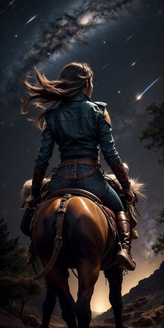 Comet rider: Mounted on the back of a comet, she rides through the galaxy with wild abandon, a free spirit among the stars.
