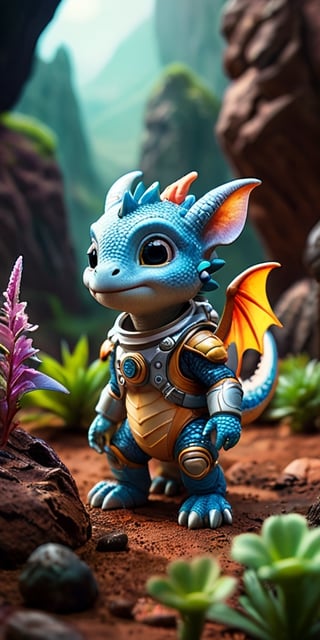 Space Adventure A baby dragon wearing a tiny spacesuit explores the surface of a mysterious planet. Behind it, a spaceship hovers, ready to take off. The dragon's curiosity is evident as it examines strange, glowing rocks and alien plants.