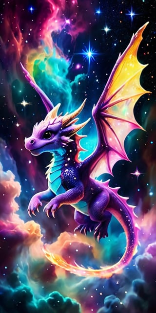 Playful Dragon in a Nebula A playful baby dragon with wings like butterfly wings made of stardust flies through a vibrant nebula. Its body glows with an ethereal light as it weaves through the colorful gas clouds and twinkling stars.