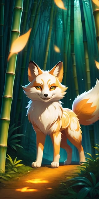 A mesmerizing kitsune with fur like spun moonlight leads a group of travelers through a bamboo forest, its playful smile masking a mischievous glint in its eyes. The forest shimmers with an otherworldly glow, casting long shadows that hint at hidden dangers and forgotten magic.
 
