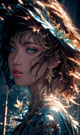 a colorful digital artwork of a woman, tree's branches and leaves, in the style of mythic theme, graceful surrealism, depictions of urban life, (dark sky-blue and rainbow), portraitures with hidden meanings, caricature-like illustrations, metropolis meets nature ,midjourney, double exposure,1 girl