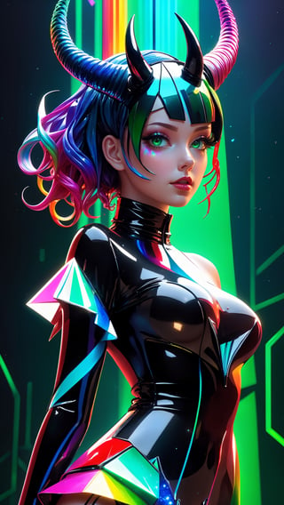 frilly hairstyle, latex dress, torso, body, 8k, ultra-detailed, highres, rainbow skin, shattered glass effect, (best quality, masterpiece:1.2), (deformed neon light:1.3), soft particles of fractal fire, volumetric lighting, (masterpiece, best quality), 1girl, intricate details, 8k, artstation, wallpaper, official art, splash art, sharp focus, dark atmosphere, black coat, black dress, cartoon for adults, white sleeves, sleeves past finger, sleeves past wrists, horns, (glitched body effect), (geometric:1.2), futurism, impressionist, detailed, majestic, breathtaking, (suggestive:1.3), (depressing:1.3), (cute:1.2), enticing, (irresistible:1.3), disturbing, fascinating, (magnetic:1.2), (green), latex clothing, suggestive position, latex costume, Depth of field, vivid color, rainbow bloody veins growing and intertwining out of the darkness, (nailed wire), oozing thick blue blood, sharp neon, veins growing and pumping blood, vascular networks growing, under water