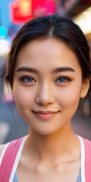 A close-up portrait of a woman with Asian features, her eyes crinkled at the corners from smiling. She has short, dark hair with streaks of pink and blue. The background is a bustling city street scene.
