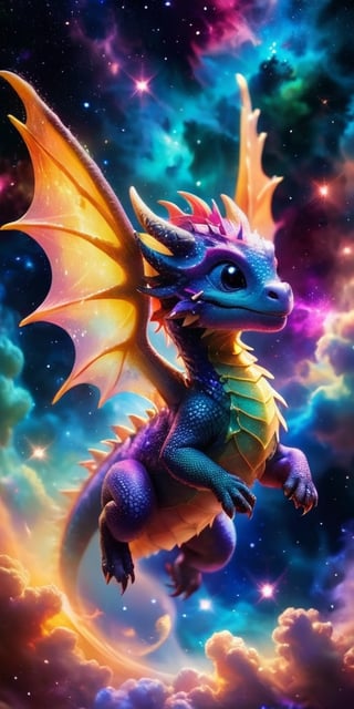 Playful Dragon in a Nebula A playful baby dragon with wings like butterfly wings made of stardust flies through a vibrant nebula. Its body glows with an ethereal light as it weaves through the colorful gas clouds and twinkling stars.