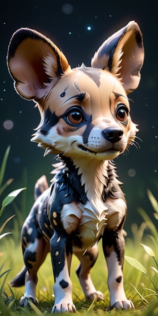 close up angle of, cut bod y, ((),(3d African Wild Dog)) surrounded by grassland,( )  ,animal, detailed focus, deep bokeh, beautiful, , dark cosmic background. Visually delightful , 3D,more detail XL,chibi