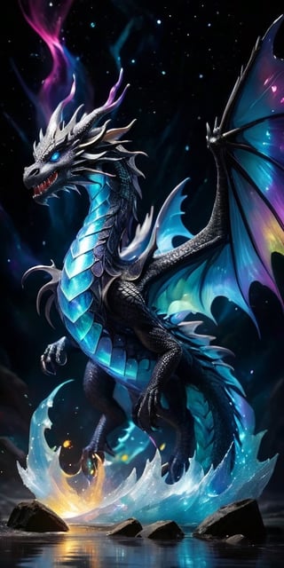 	10. A majestic dragon with scales that have the appearance of polished crystal, catching and refracting the light from nearby stars. Its wings are enormous and semi-transparent, filled with swirling patterns that resemble the aurora borealis. The dragon's eyes are deep pools of black, reflecting the infinite depths of space. It soars near the edge of an event horizon, with the intense gravitational pull distorting the light around it, creating a dramatic and surreal scene.
