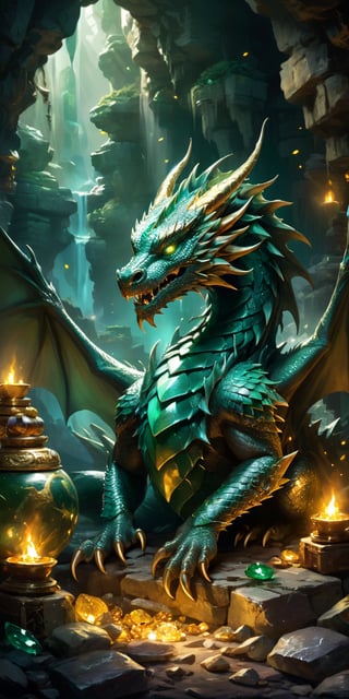 A majestic dragon with emerald-green scales lying protectively over a hoard of treasures in a dimly lit cavern. The gems and gold reflect its fierce beauty, while the shadows and flickering torchlight hint at the peril of approaching such a creature."
