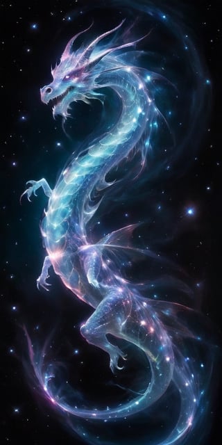 An ethereal dragon, translucent and shimmering like a ghostly apparition, its form outlined by the glow of distant stars. It soars through the void of space, leaving a trail of sparkling stardust in its wake, its eyes glowing with ancient wisdom as it navigates the cosmos.
