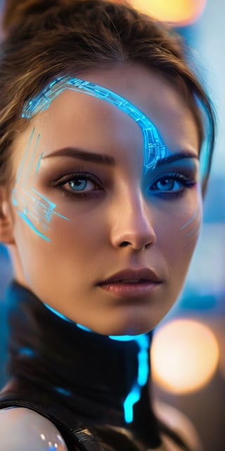 A close-up portrait of a woman with cybernetic enhancements, glowing blue lines tracing patterns across her cheekbone. Her expression is one of quiet strength. The background is a dark, metallic cityscape.
 
