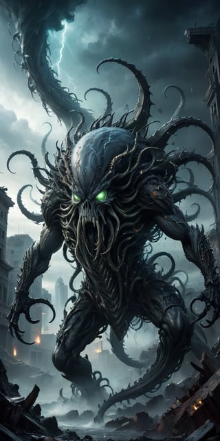 Vortex Spawn A creature with a swirling, tornado-like lower body and a torso covered in sharp, crystalline spikes. Its head is a writhing mass of tentacles, each tipped with a glowing eye. Its skin is a dark, stormy gray. The background features a devastated alien city, with ruins and debris scattered everywhere.
