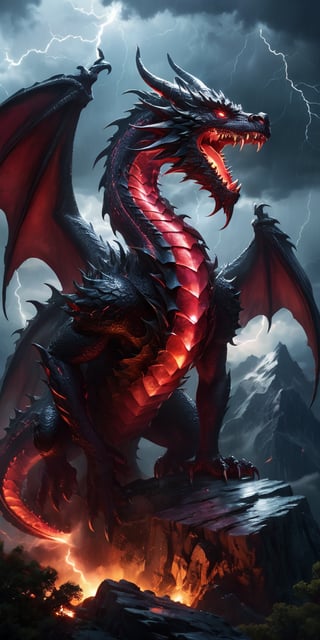 A colossal dragon with gleaming ruby scales perched on a mountain peak under a stormy sky. Lightning illuminates its menacing silhouette, highlighting the sharpness of its claws and the lethal grace in its powerful form.
