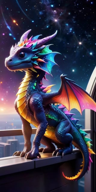 Baby Dragon on a Space Station Balcony A majestic baby dragon with shimmering scales stands on a balcony of a futuristic space station, gazing at the vast expanse of stars and colorful nebulae. Its wings are slightly spread, catching the glow of distant galaxies.