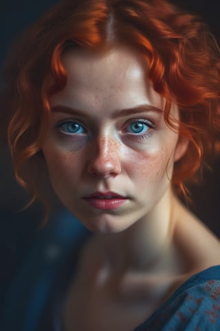 raw realistic potarait of beautiful girlA short, petite frame. Hair so red and wavy falling just past her shoulders, surrounding a circular face with softness, light freckles on her nose, naturally arched red eyebrows over bright blue eyes that looked almost blue in some lights., indoor background grainy cinematic, godlyphoto r3al,detailmaster2,aesthetic portrait, cinematic colors, earthy , moody, look , grainy cinematic, fantasy vibes godlyphoto r3al,detailmaster2,aesthetic portrait, cinematic colors