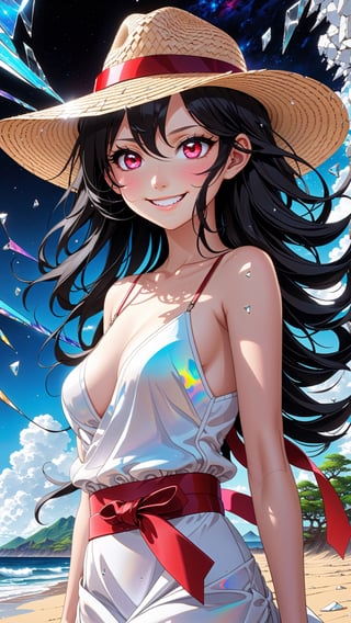 1girl, teen, (white camisole dress, straw hat, red sash belt:1.5), (cute, sweet, smile, bare face, big eyes, open mouth:1.4), face closeup, black glitched hair, straight hair, long hair, cowboy shot, (dynamic pause, dynamic angle, walk on sandy beach, blue sky, white cloud, blue sea:1.3), japanese, japanese idol succubus, black eyes, (best quality, ultra high res, Realistic, RAW photo, portrait photography, photorealistic, detailed skin, fair skin, beautiful detailed eyes), neon lit broken glass in shape of woman, galactic canvas shattered hopes and dreams, crystalline breakage, cracks in the fabric of space, crystalline eyes, strokes of art, sharp edges and lines, artistic, neon colors, colorful, sharp, inter-dimensional cracks, limitless faults in the data, curved cracks, fragmented, breaking off, pieces of nature, fragments of destruction, fragments of dreams, story told in art, ultra detailed, intricate, masterpiece, best quality, detailed, highest quality, highest details, highres, vortex dream, cosmic color splash artwork, (opal chatoyance cloud background:1.2), trendy, wins awards, ultra HD, Panavision Millennium DXL2 8k, large format, 5K Super 35, true 4K anamorphic