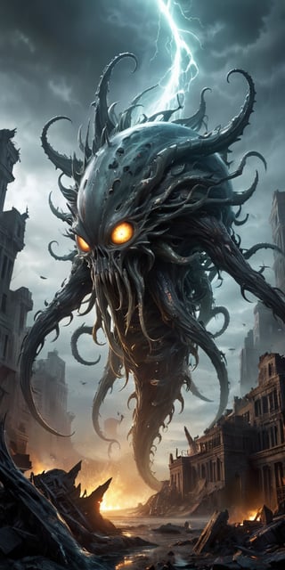 Vortex Spawn A creature with a swirling, tornado-like lower body and a torso covered in sharp, crystalline spikes. Its head is a writhing mass of tentacles, each tipped with a glowing eye. Its skin is a dark, stormy gray. The background features a devastated alien city, with ruins and debris scattered everywhere.
