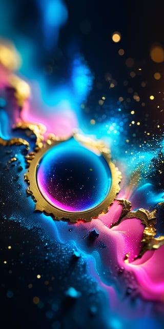 close up angal ((on the air )) , ((gold neon pink blue  dust ) , detailed focus, deep bokeh, beautiful, dreamy colors, black dark cosmic background. Visually delightful ,3D,more detail XL ,more detail XL