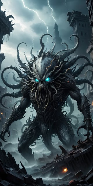 Vortex Spawn A creature with a swirling, tornado-like lower body and a torso covered in sharp, crystalline spikes. Its head is a writhing mass of tentacles, each tipped with a glowing eye. Its skin is a dark, stormy gray. The background features a devastated alien city, with ruins and debris scattered everywhere.
