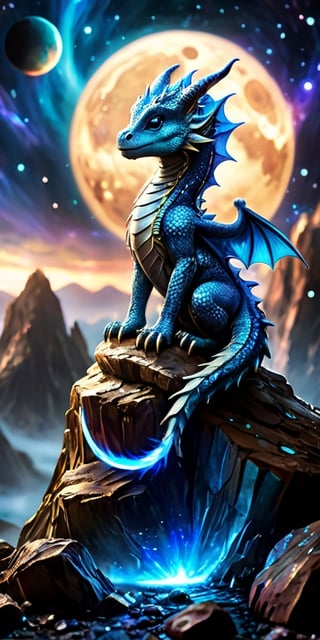 Celestial Guardians A baby dragon perches on a small asteroid, watching over a distant planet with an atmosphere filled with swirling auroras. Its scales are a deep, metallic blue, and its eyes reflect the planet's shimmering beauty.