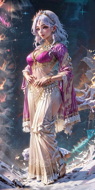 Women,gigantic_breast, wearing purple saree, full saree, gl4ss, fancy crowne,  long white hair,